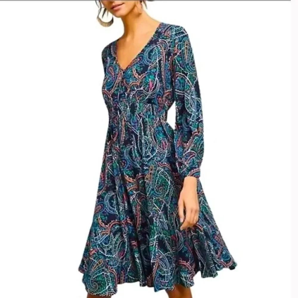 Maeve Maplewood Paisley Long Sleeve V-Neck Flowy Dress XSMALL